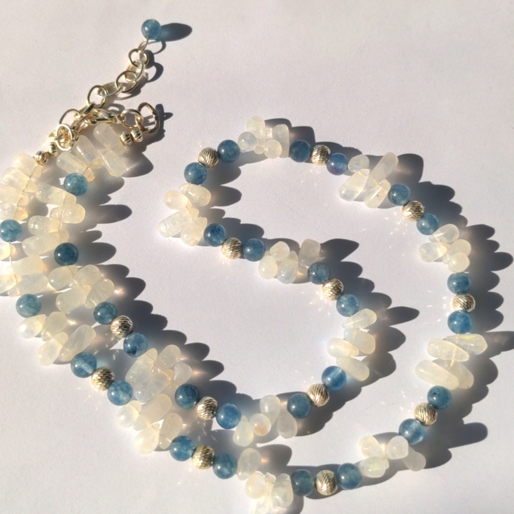 Moonstone & Kyanite Sterling Silver necklace. New Glowing Genuine Gems, Blue - Picture 2 of 4
